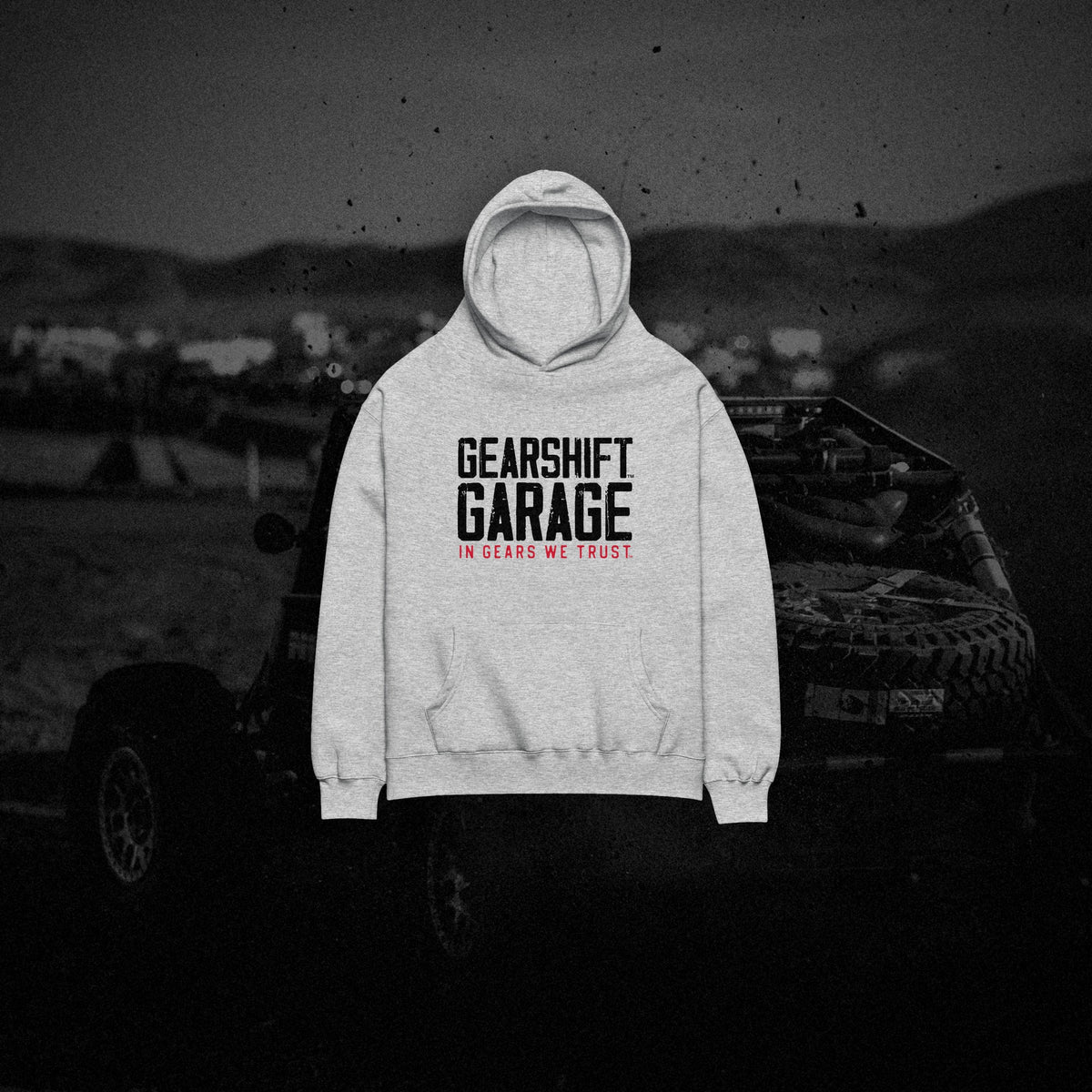 Gearshift Garage Official Logo Hoodie in athletic heather over race dust